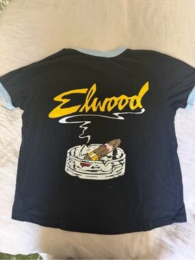 Elwood Black Graphic Ringer Tee with Light Blue Trim